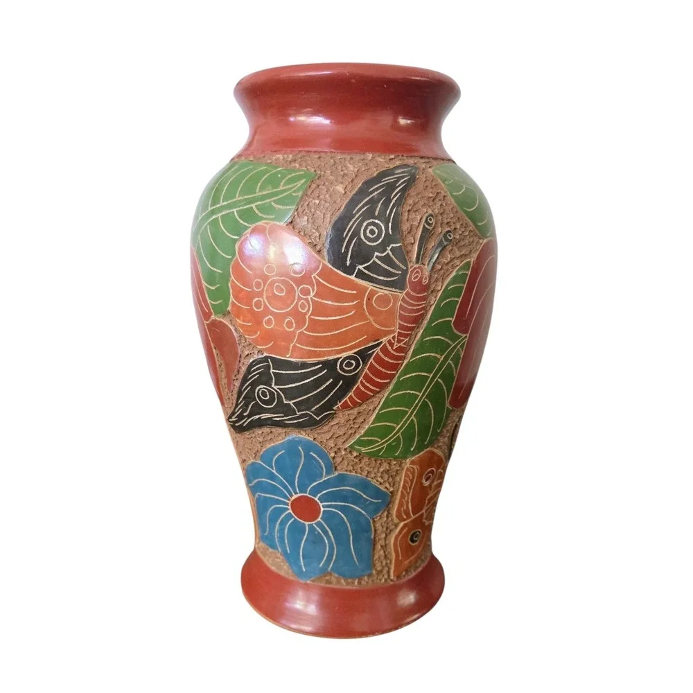 Nicaragua Clay Pottery Vase Handmade Carved Butterflies Tropical Textured Raised
